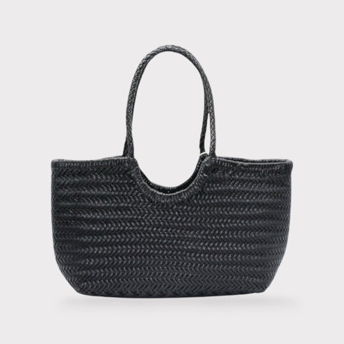 Carmel - Genuine Leather U Shape Handwoven Tote Bag Black